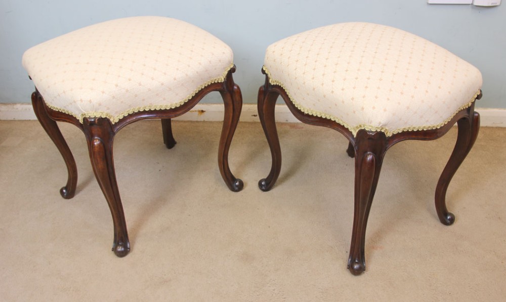 Antique Pair Victorian Walnut Cabriole Leg Stools
