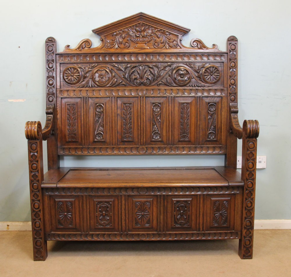 Antique Impressive Victorian Carved Oak Monks Bench Settle