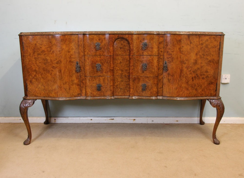 Burr Walnut Serpentine Queen Anne Style Sideboard. 