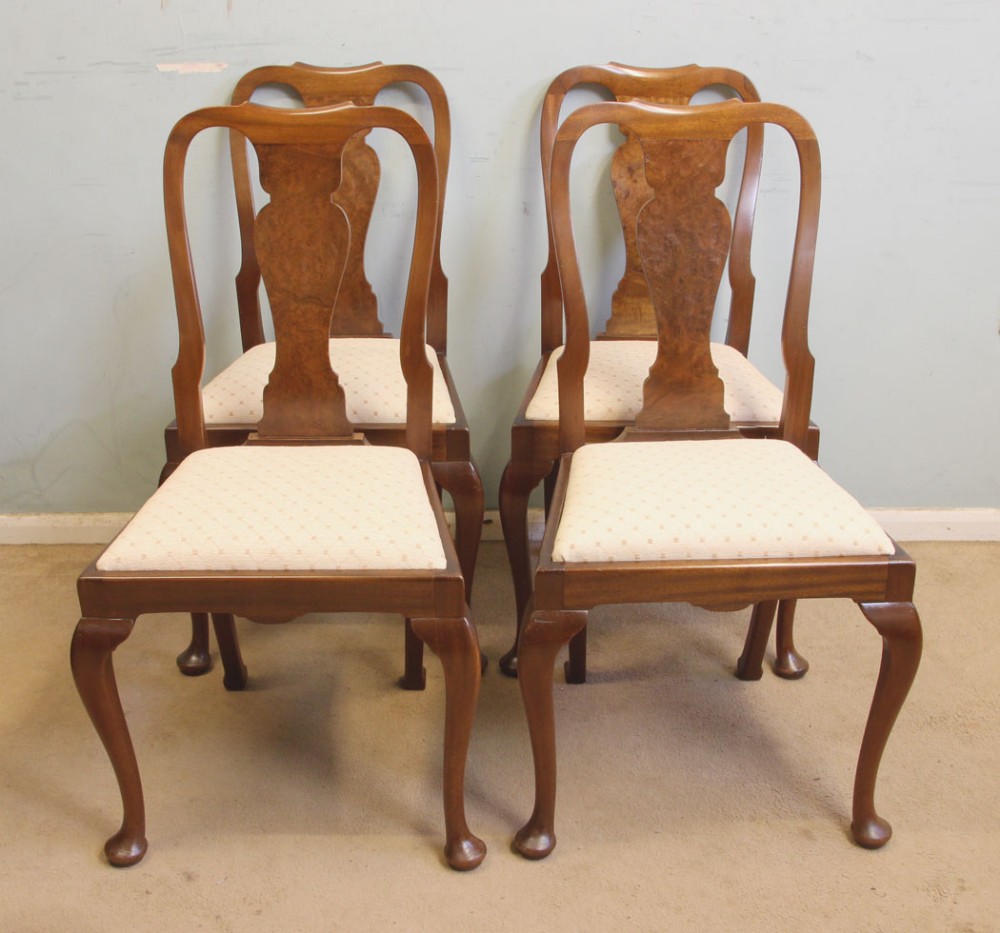 Set of Four Walnut Queen Anne Style Dining Chairs