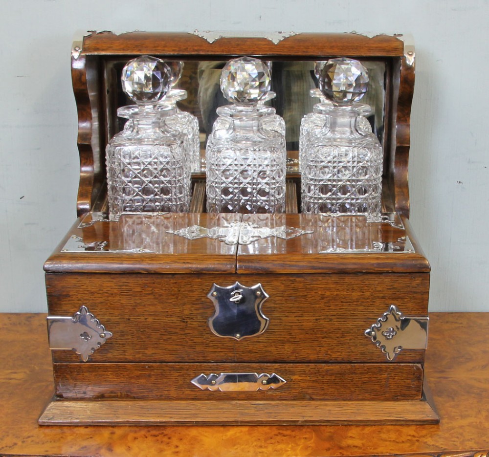 Antique Victorian Oak Case Three Bottle Tantalus