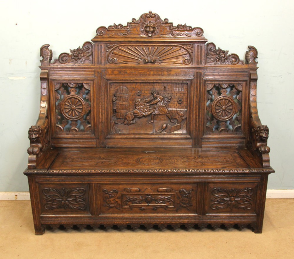 A Impressive Victorian carved oak settle monks bench hall seat