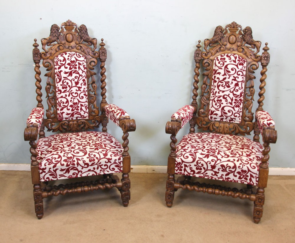 Antique Pair of Carved Oak Chairs Armchair