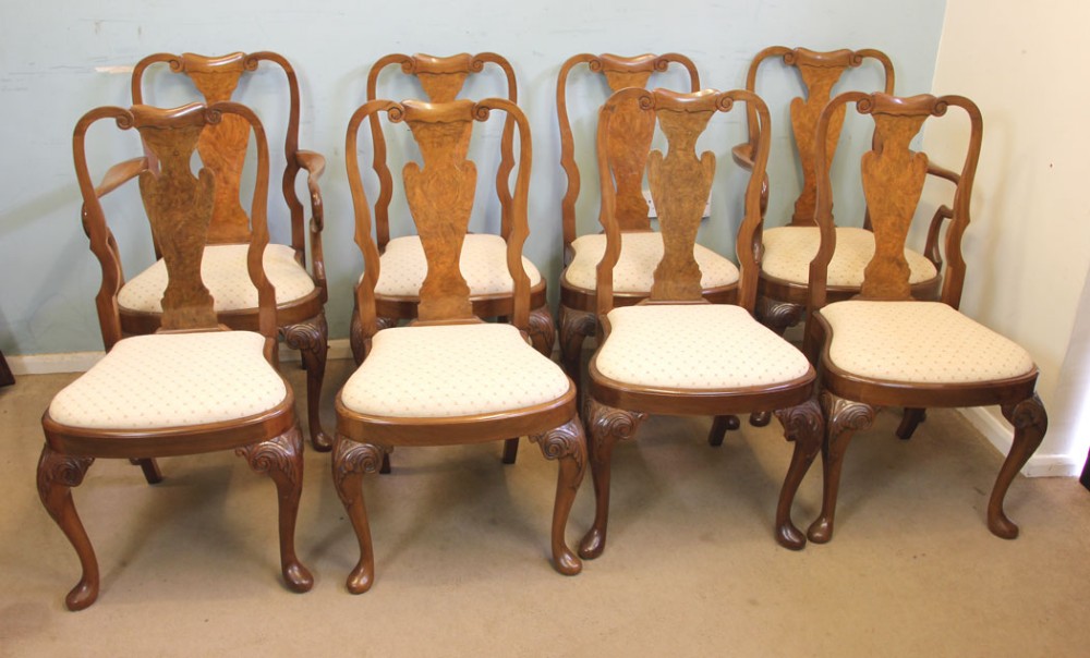 Set of Eight Queen Anne Style Walnut Dining Chairs