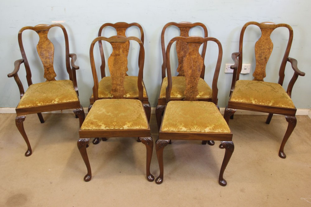 Set of Six Queen Anne Style Walnut Dining Chairs