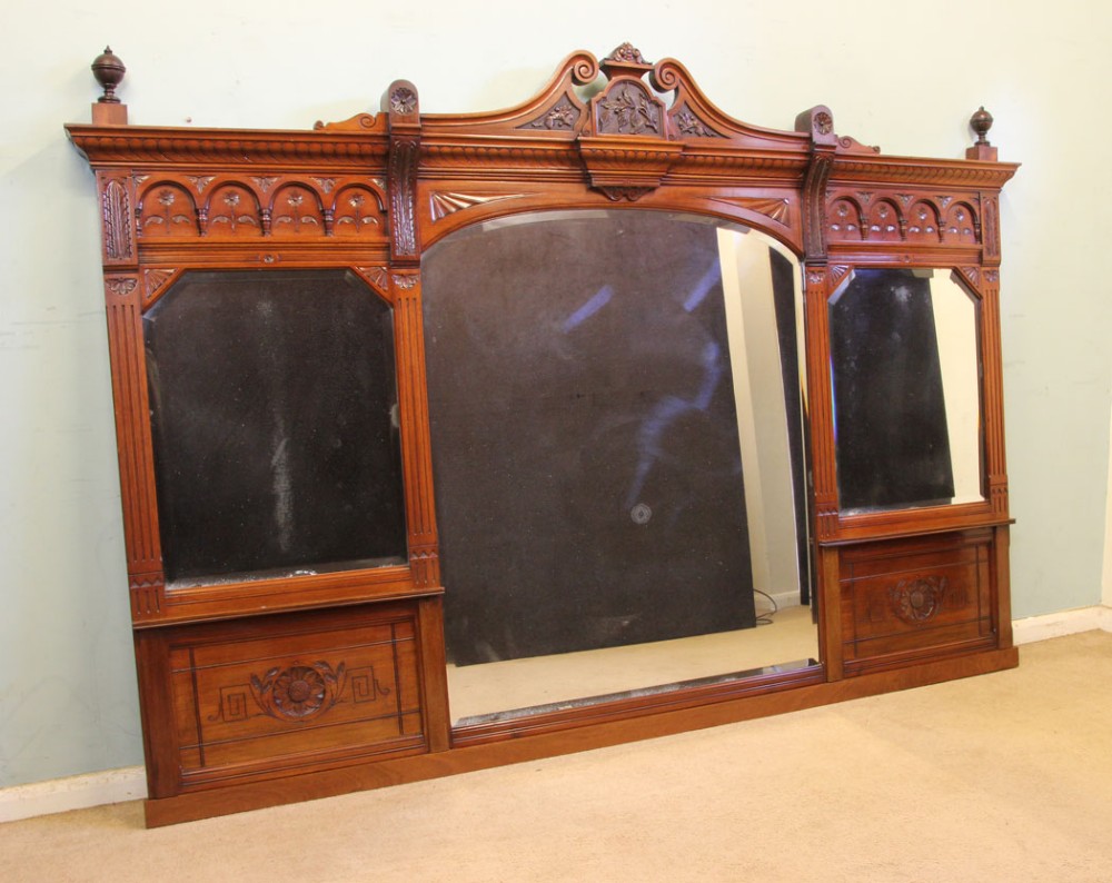 Large Antique Victorian Mahogany Overmantle Wall Mirror