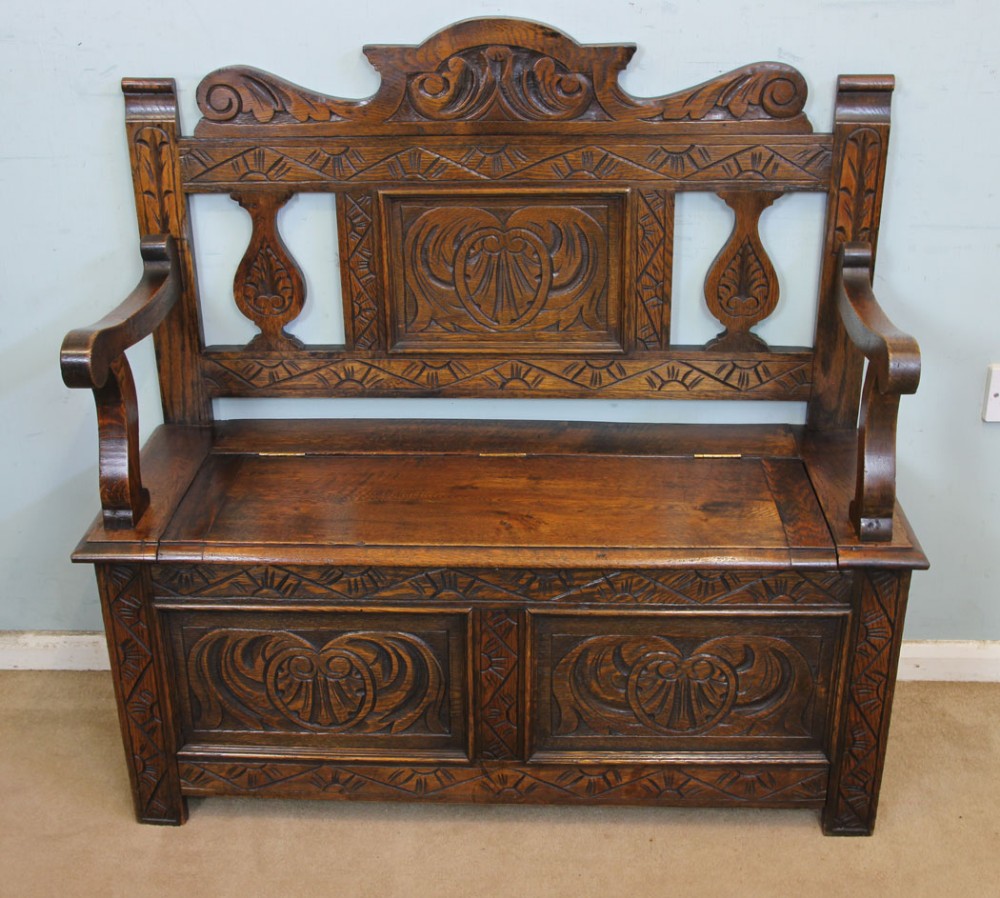 Carved Oak Settle Hall Seat Monks Bench