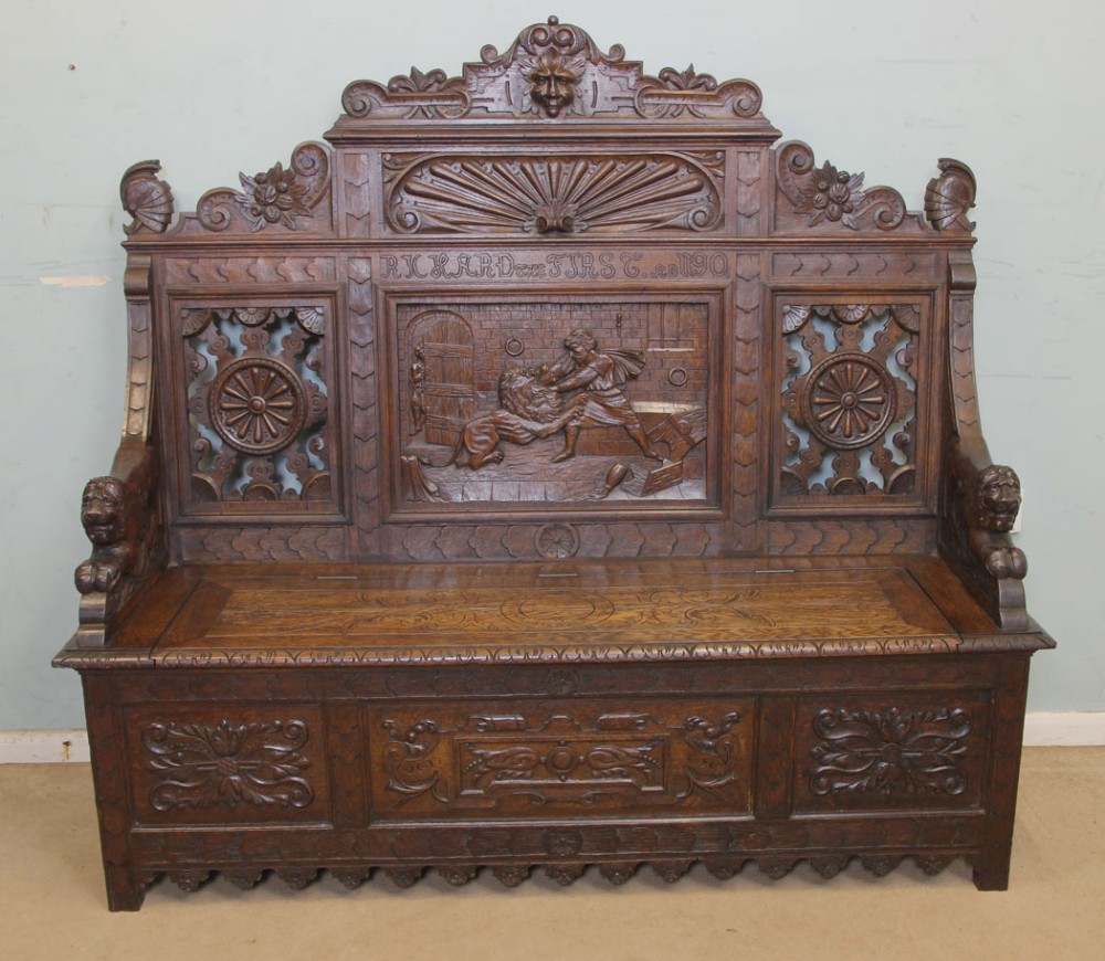 Impressive Victorian carved oak settle monks bench hall seat