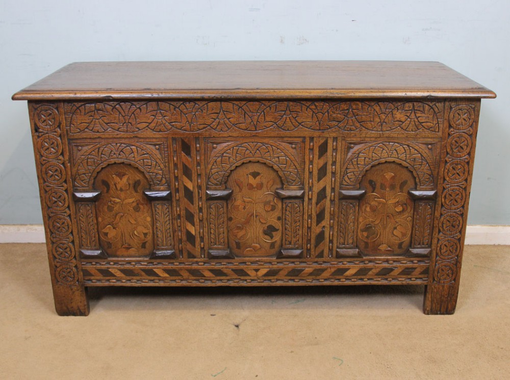 Antique Oak Inlaid Blanket Chest Coffer