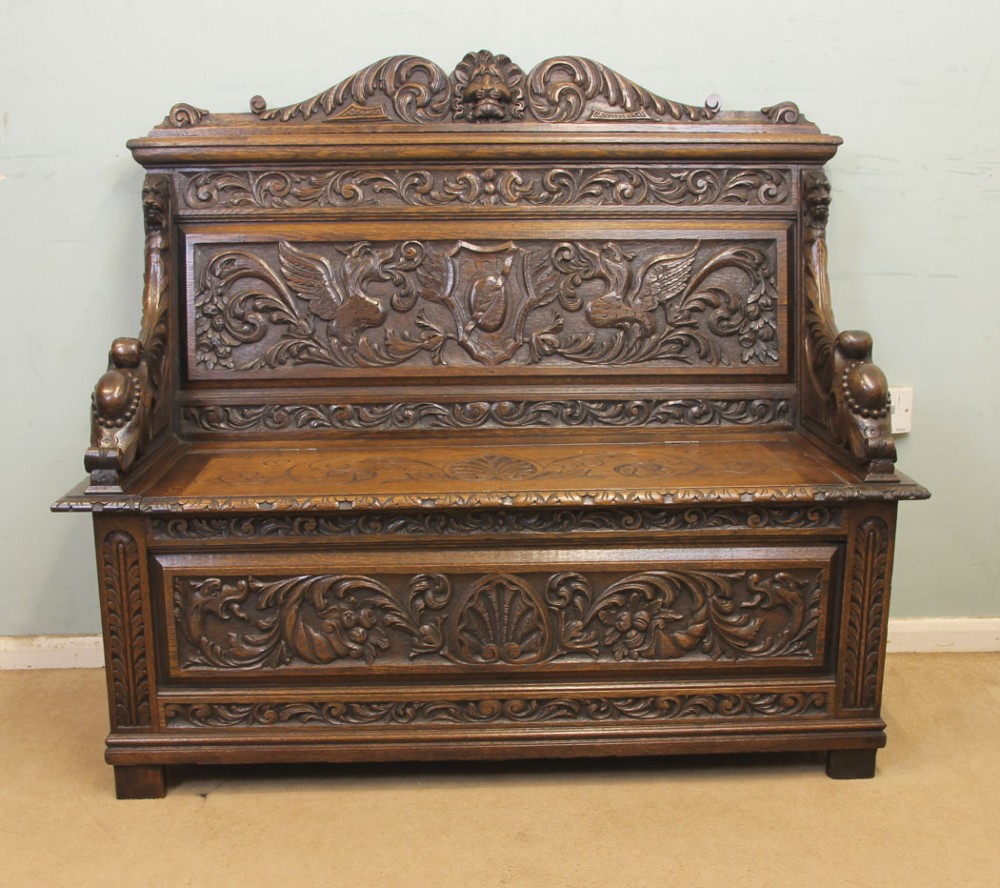 Antique Carved Oak Victorian Bench Settle