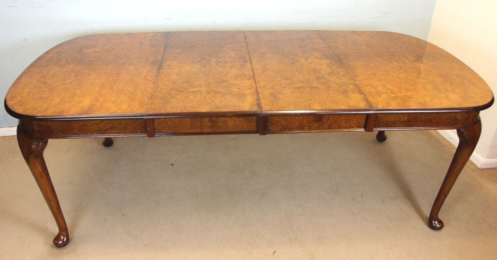 Burr Walnut Queen Anne Style Extending Dining Table