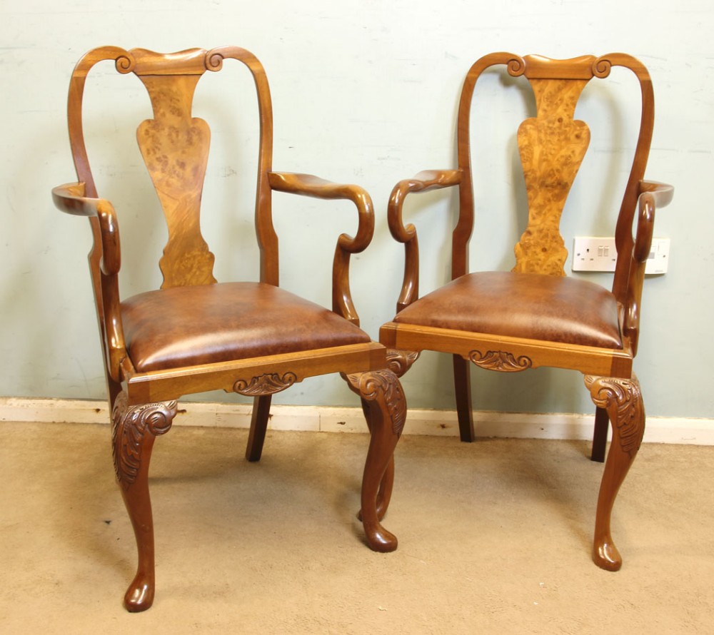 Pair Antique Georgian Style Walnut Carver Desk Chairs Armchairs