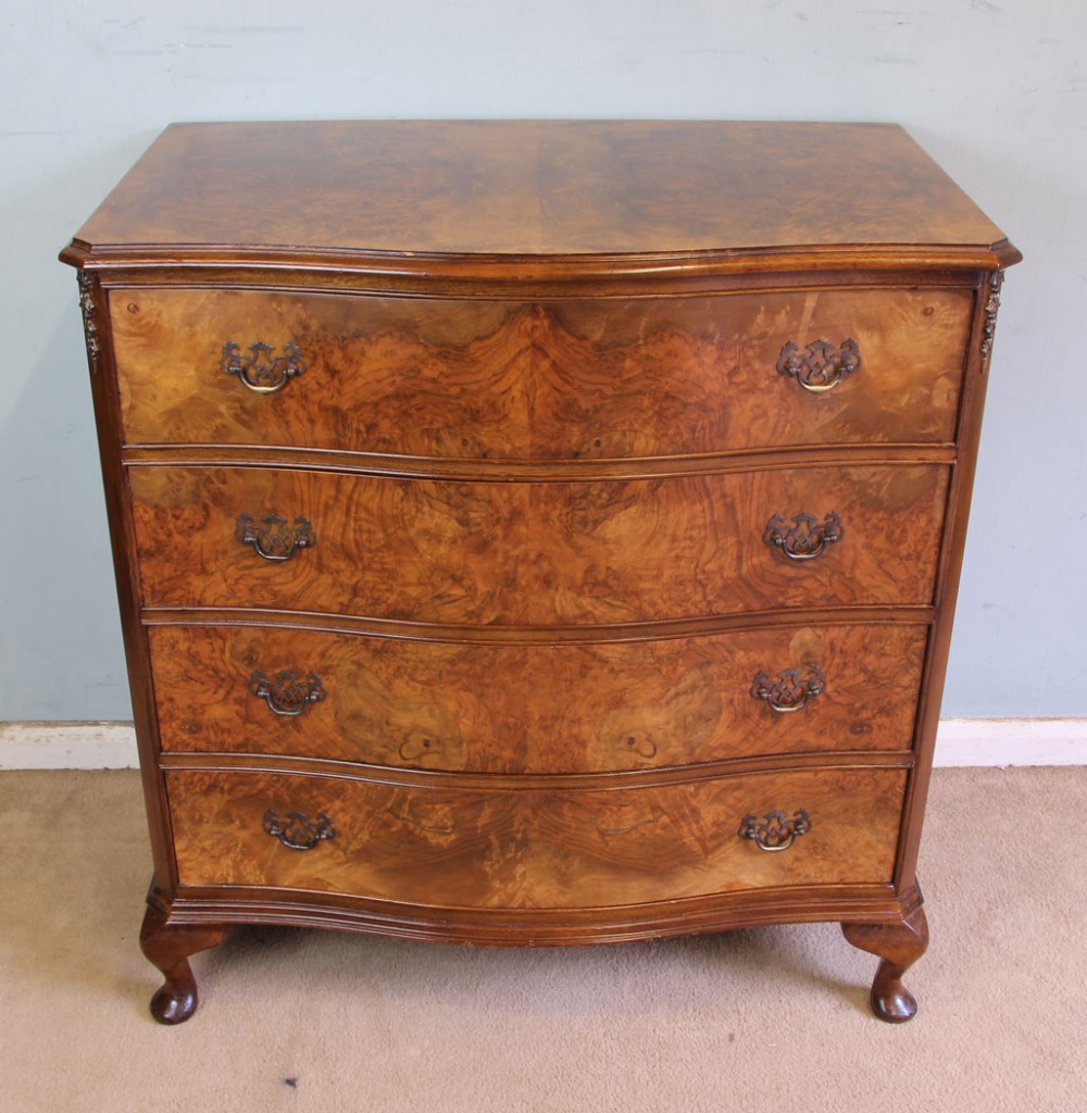 Antique Burr Walnut Shaped Front Chest of Drawers.  