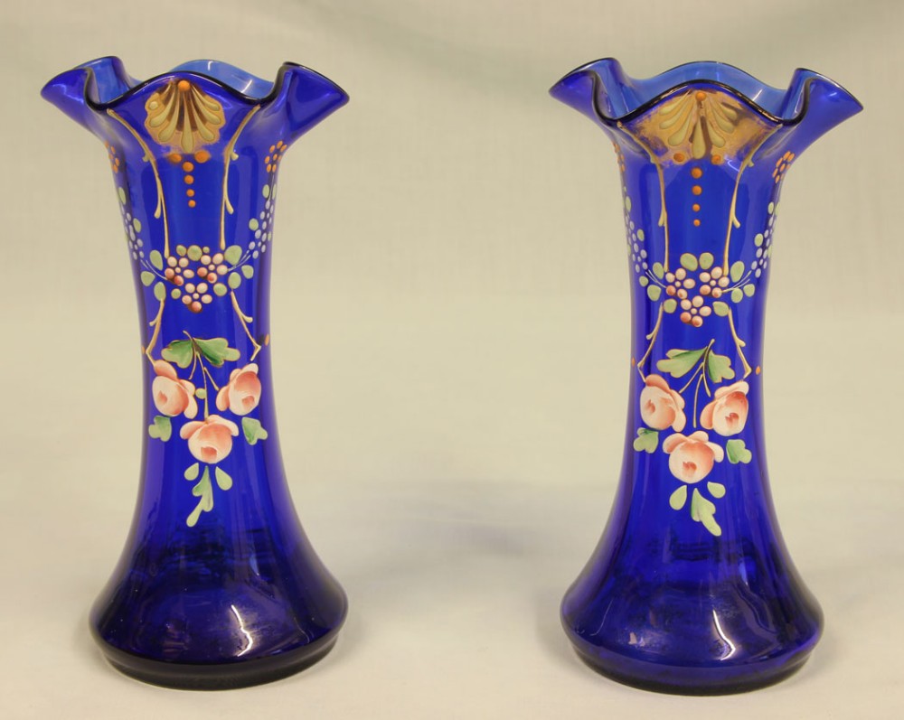 Antique Pair of Bristol Blue Glass Decorated Vases
