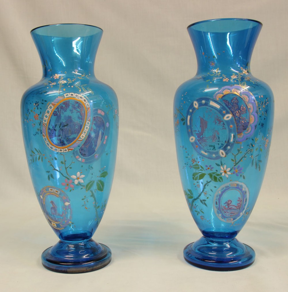 Pair of Antique Pale Blue Glass Decorated Vases.