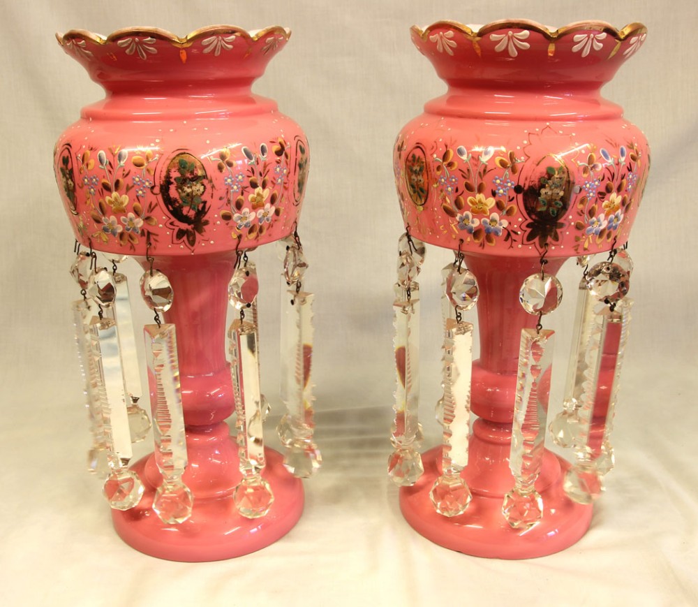 Pair Antique Victorian Pink Table Mantle Lustres