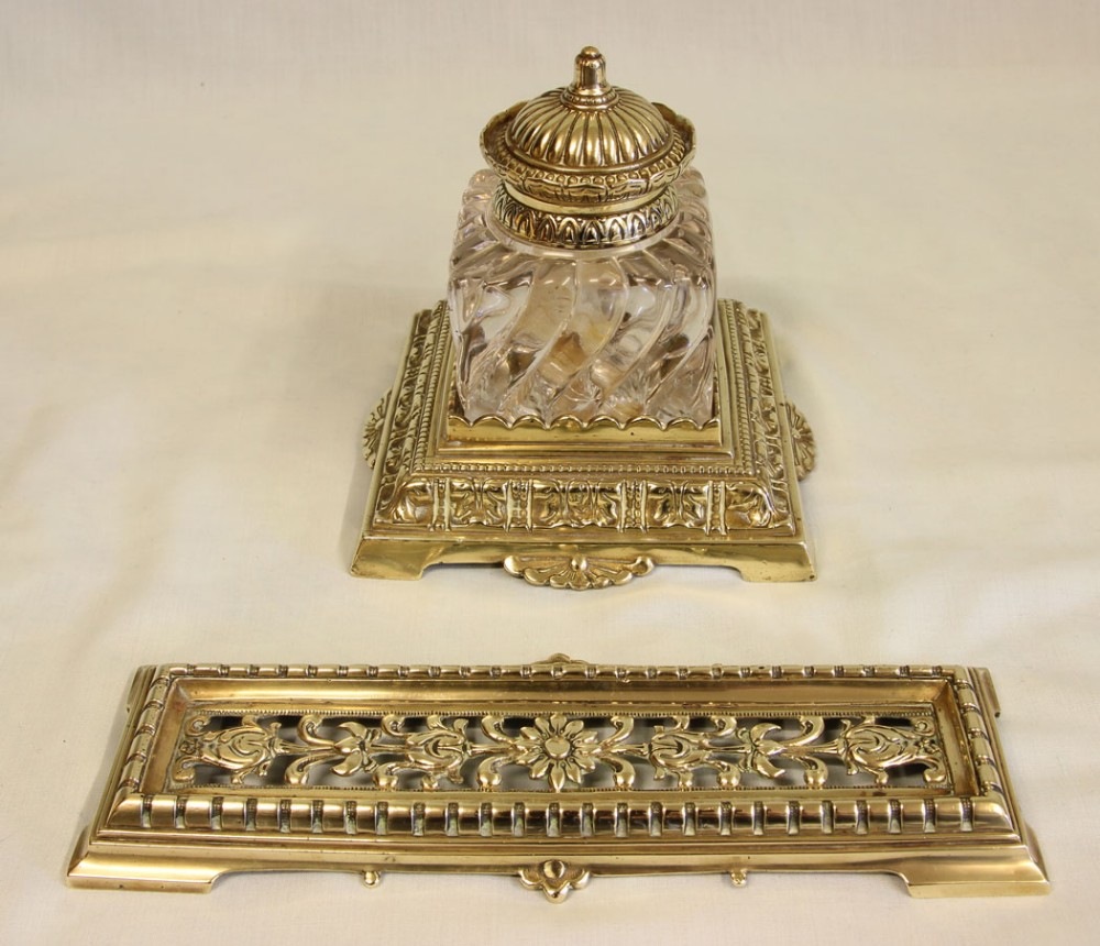 Antique Brass Inkwell & Pen Tray