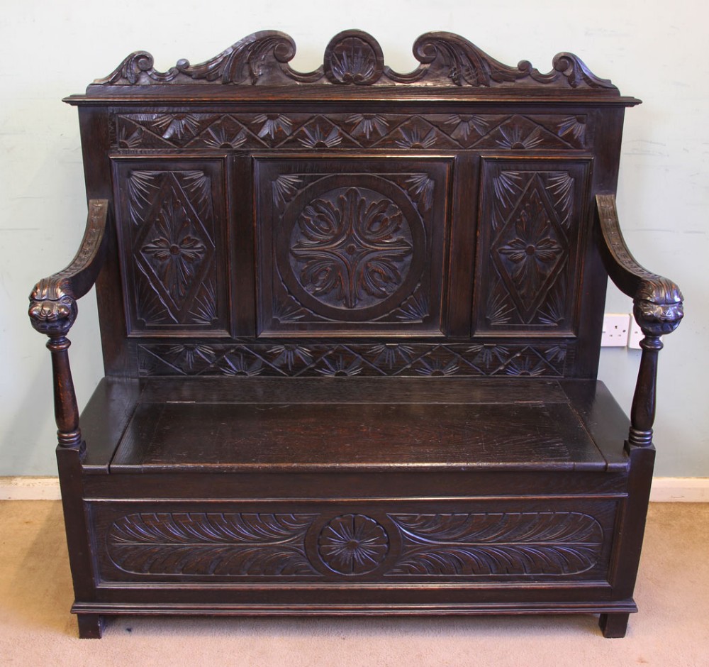 Antique Carved Oak Settle Bench Hall Seat