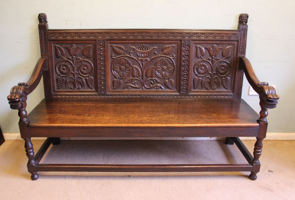 Antique Victorian Carved Oak Settle Hall Bench