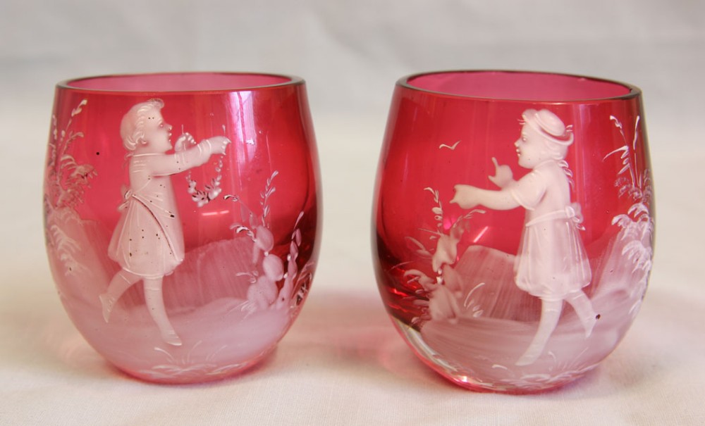 Antique Pair Mary Gregory Cranberry Glass Salts