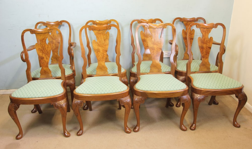 Set of Eight Queen Anne Style Walnut Dining Chairs