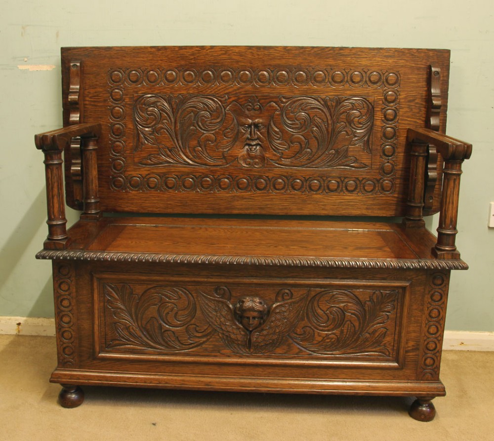 Antique Carved Oak Monks Bench Hall Seat Settle