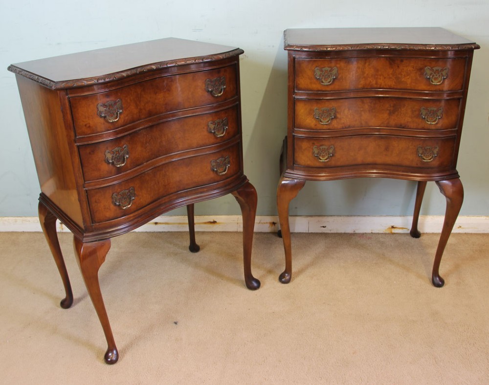 Pair Burr Walnut Bedside Cabinets Chest of Drawers