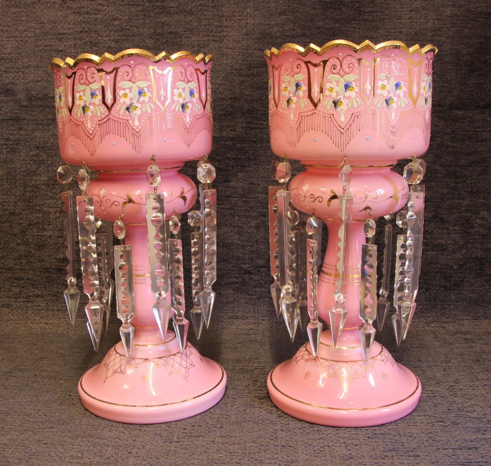 Fine Pair Antique Victorian Pink Opaline Mantle Lustres