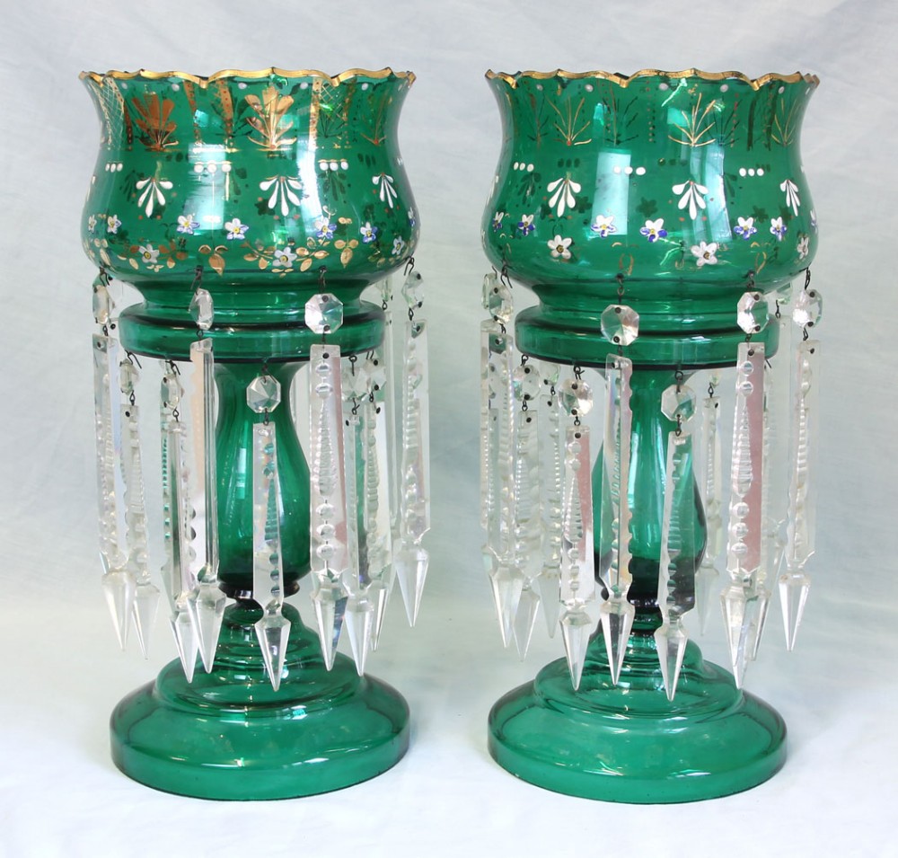 Pair Victorian Green Table Mantle Lustres