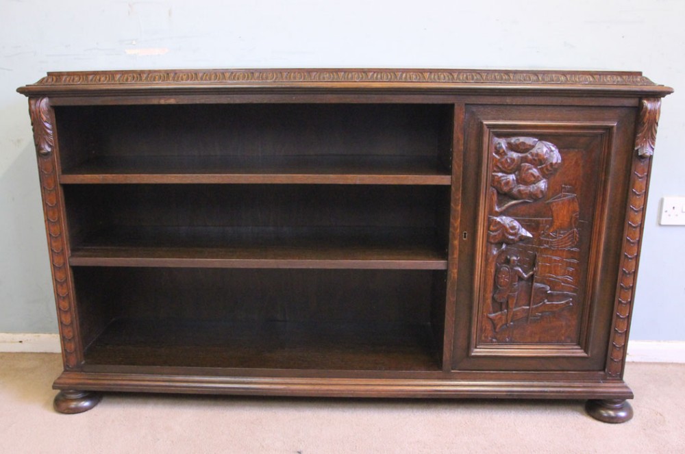 Antique Carved Oak Open Cupboard Bookcase