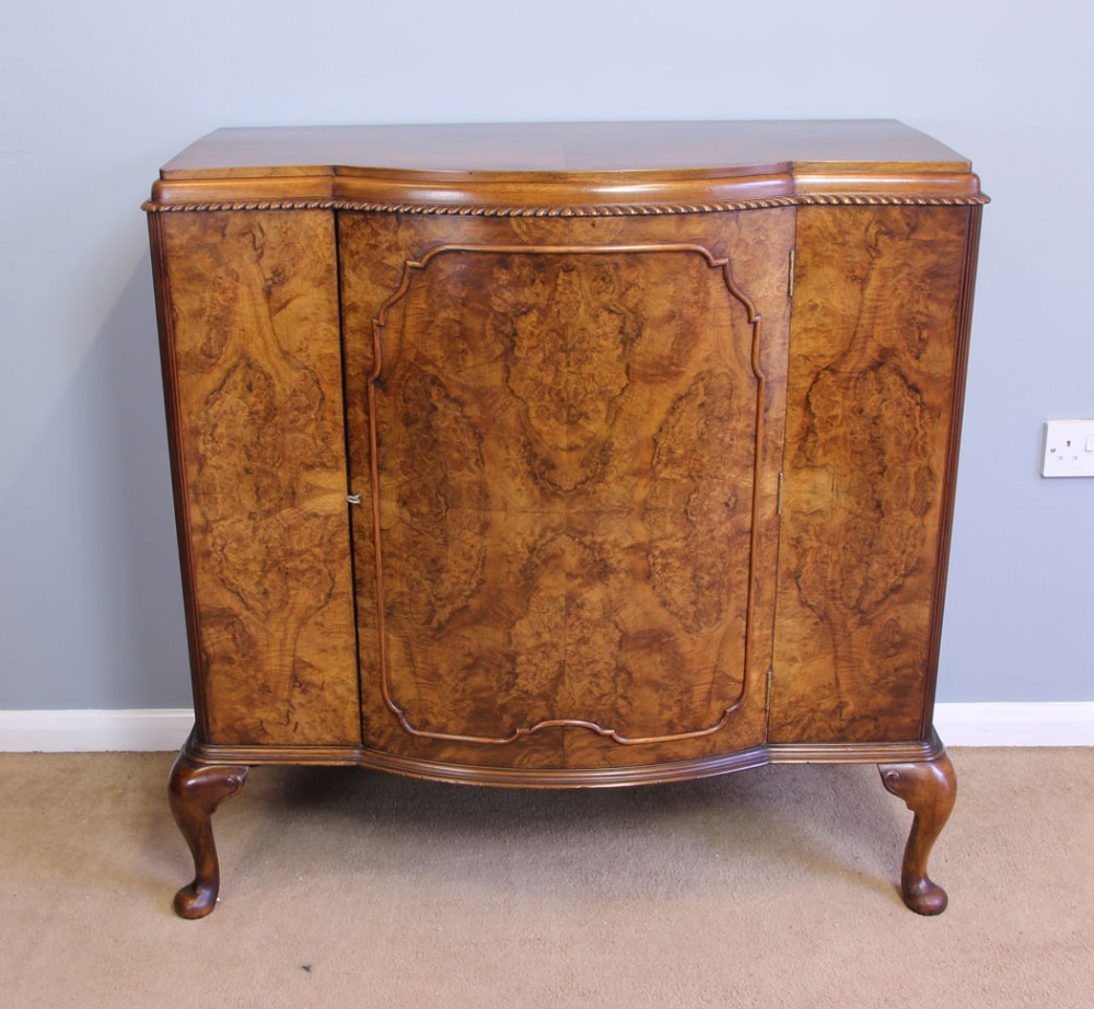 Antique Burr Walnut Bow Front Cabinet Sideboard