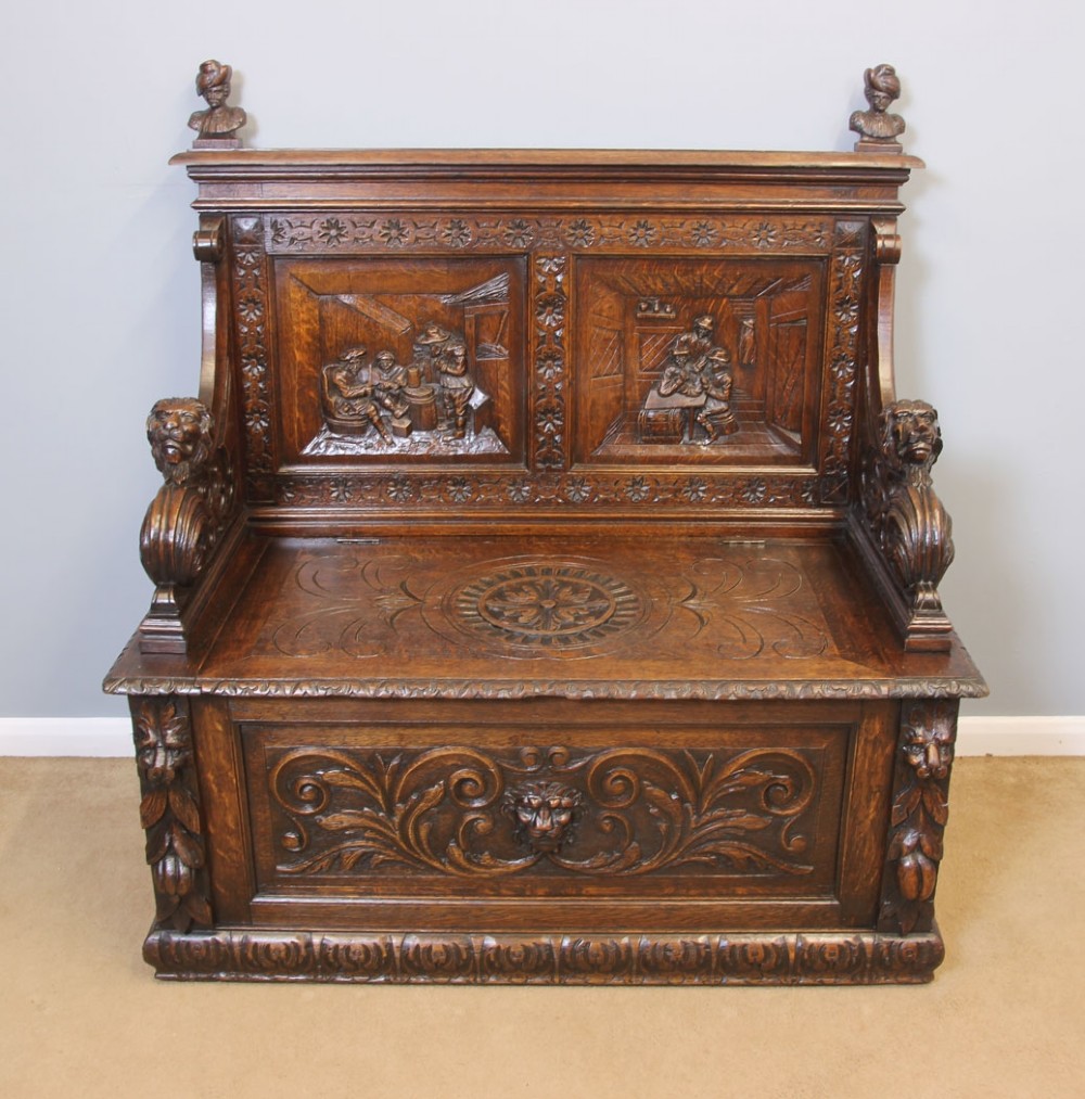 Antique Victorian Carved Oak Settle Monks Bench