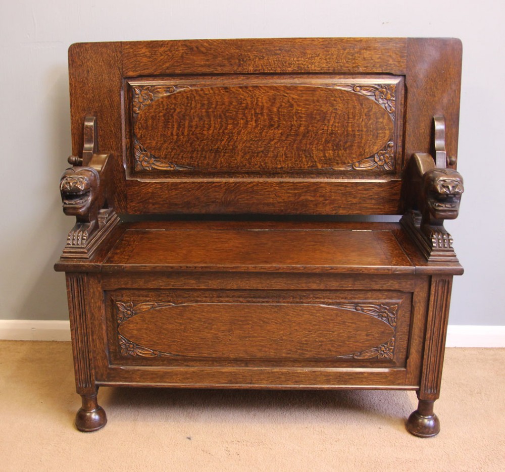 Antique Oak Hall Chair Seat Settle Monks Bench. 