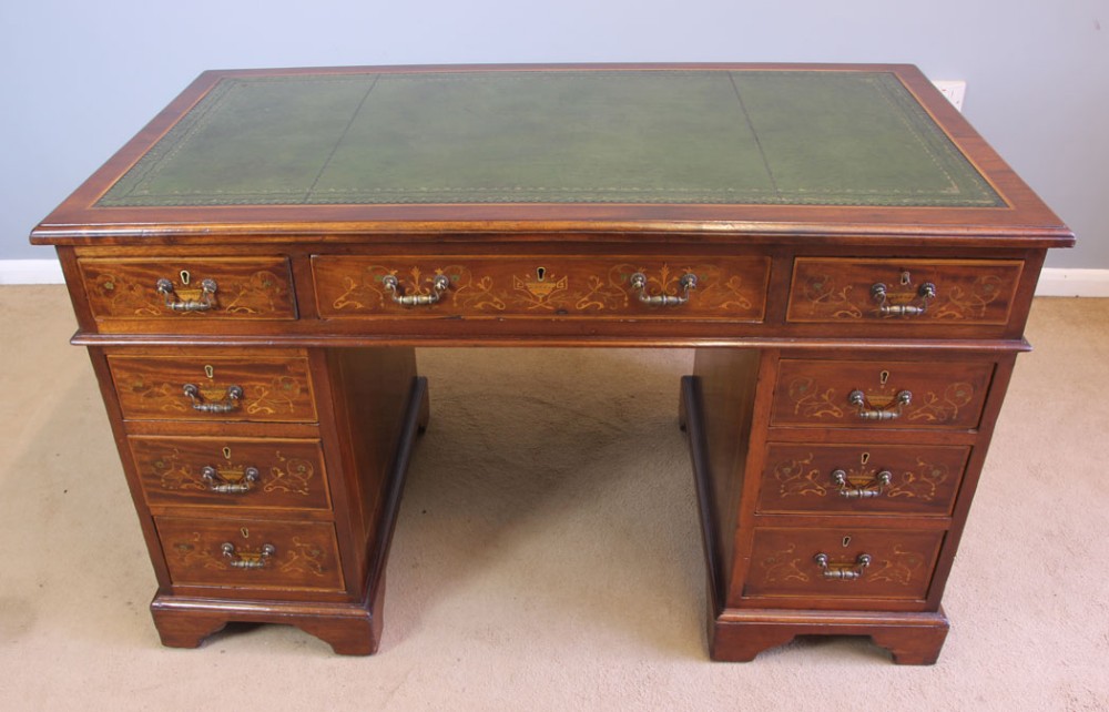 Antique Edwardian Inlaid Knee Hole Mahogany Pedestal Writing Desk. 