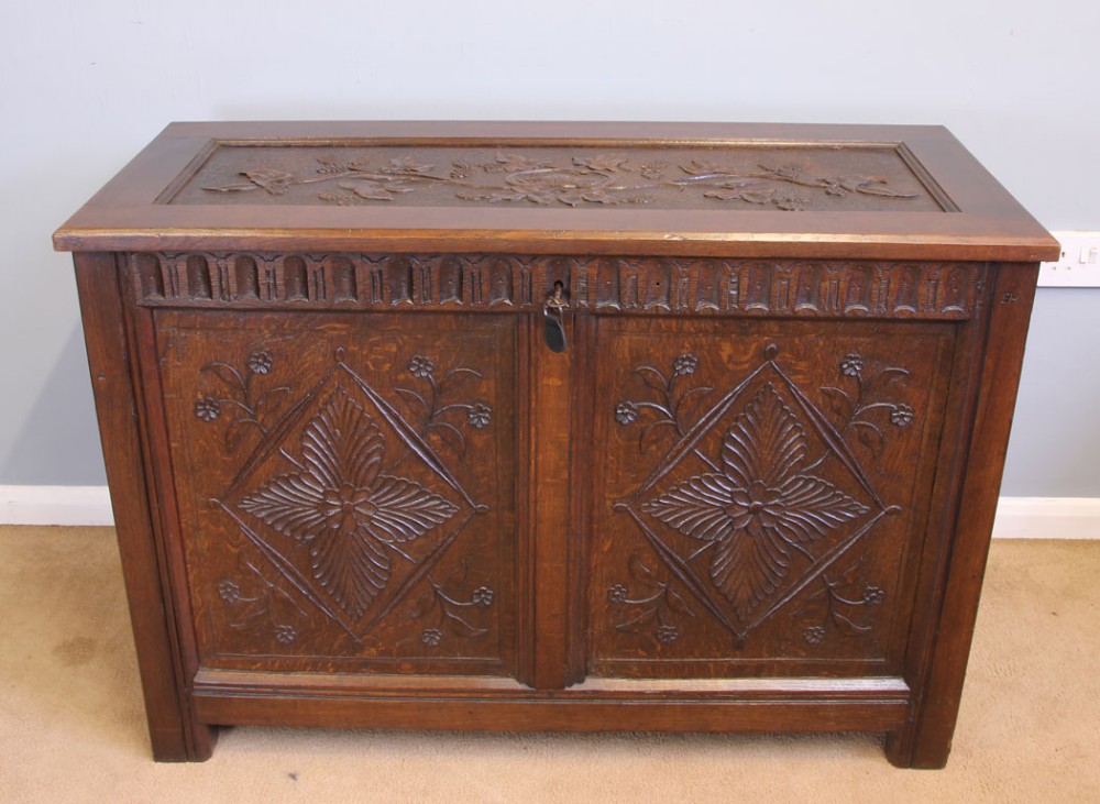 Antique Carved Oak Coffer Chest.