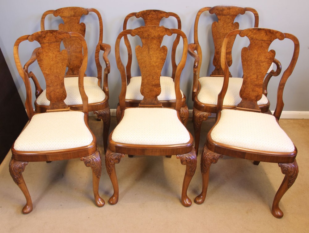 Set Six Burr Walnut Queen Anne Style Dining Chairs