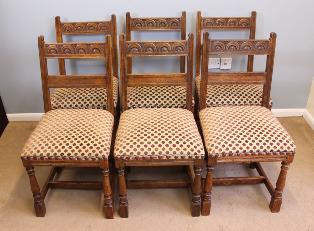 Set Six Antique Oak Country Dining Chairs. 