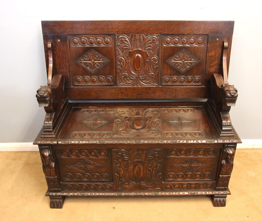 Antique Oak Monks Bench Hall Seat Settle. 