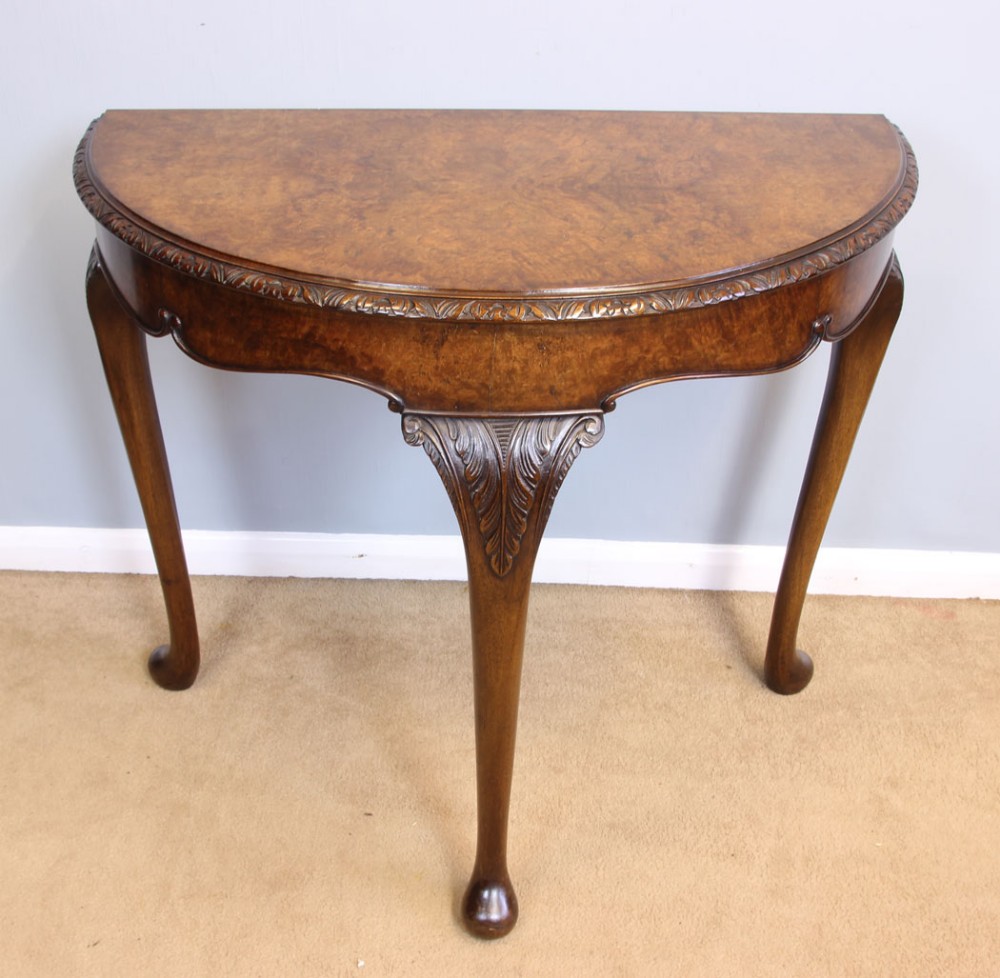 Antique Burr Walnut Demi Lune Console Side Table. 