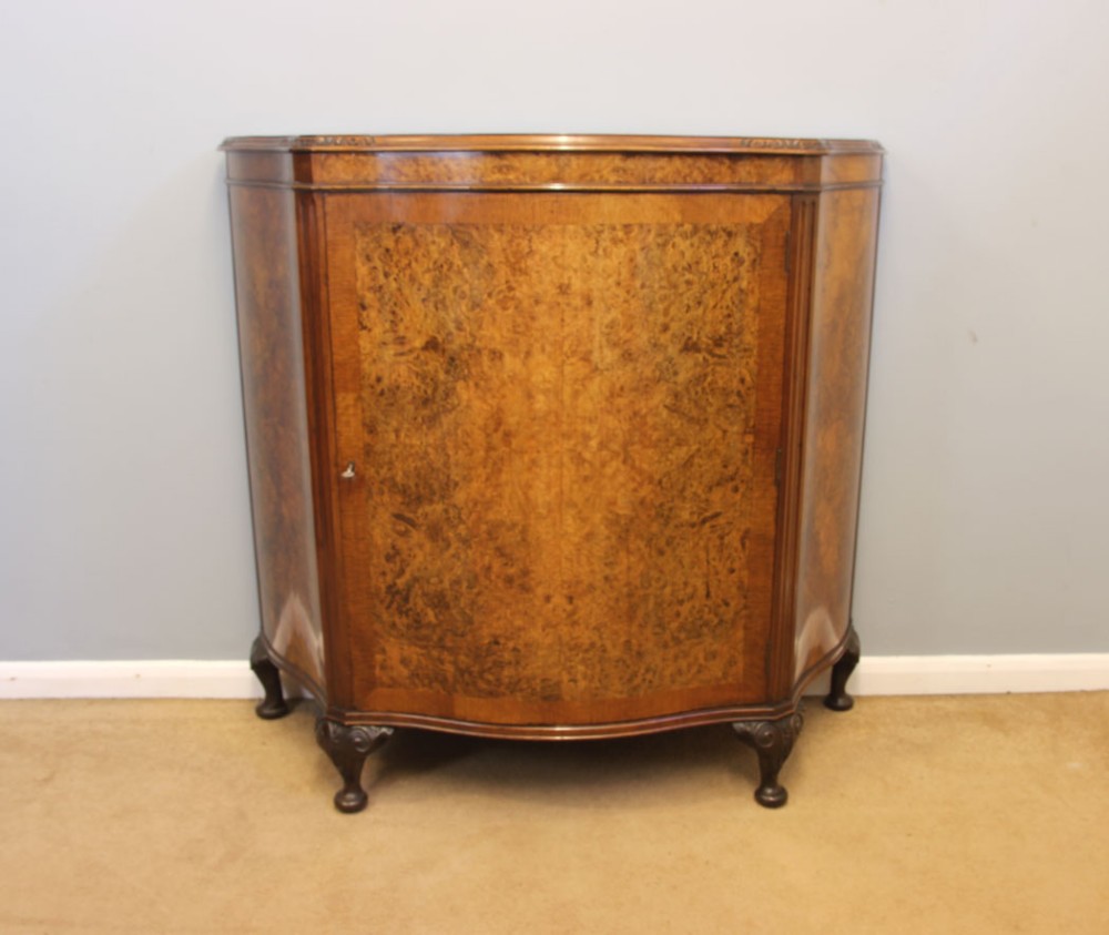 Antique Burr Walnut Serpentine Side Cabinet. 