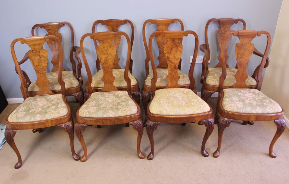 Set Eight Queen Anne Style Burr Walnut Dining Chairs.