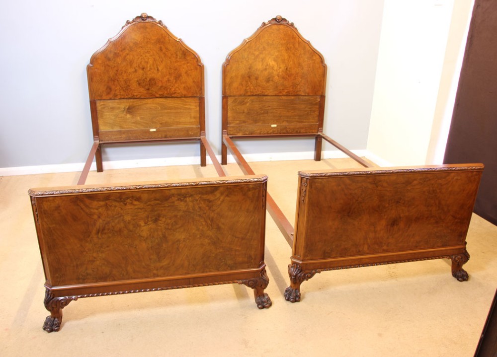 Pair Antique Burr Walnut Single Beds