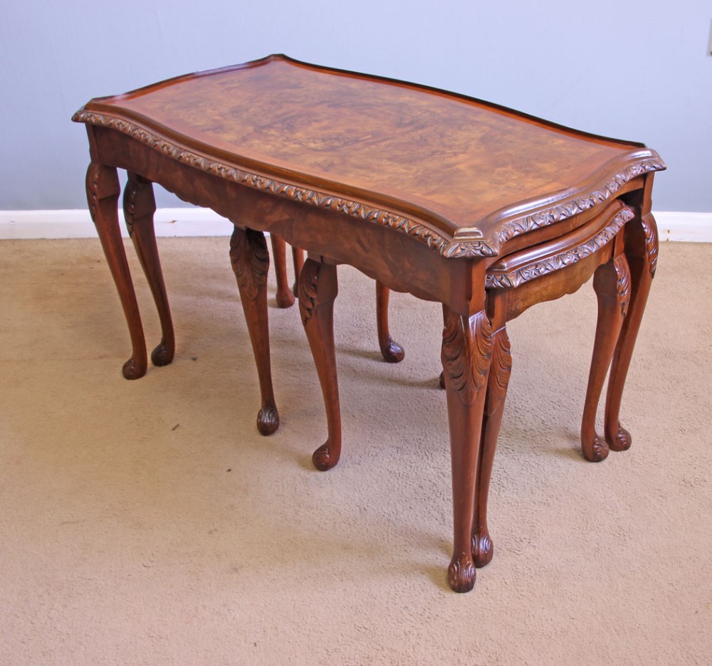 Antique Burr Walnut Nest of Three Occasional Coffee Tables