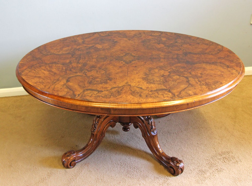Antique Victorian Burr Walnut Oval Coffee Table. 