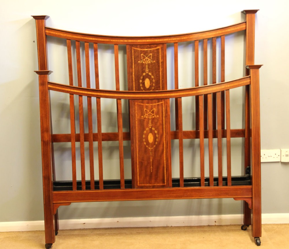 Antique Edwardian Inlaid Mahogany Double Bed.