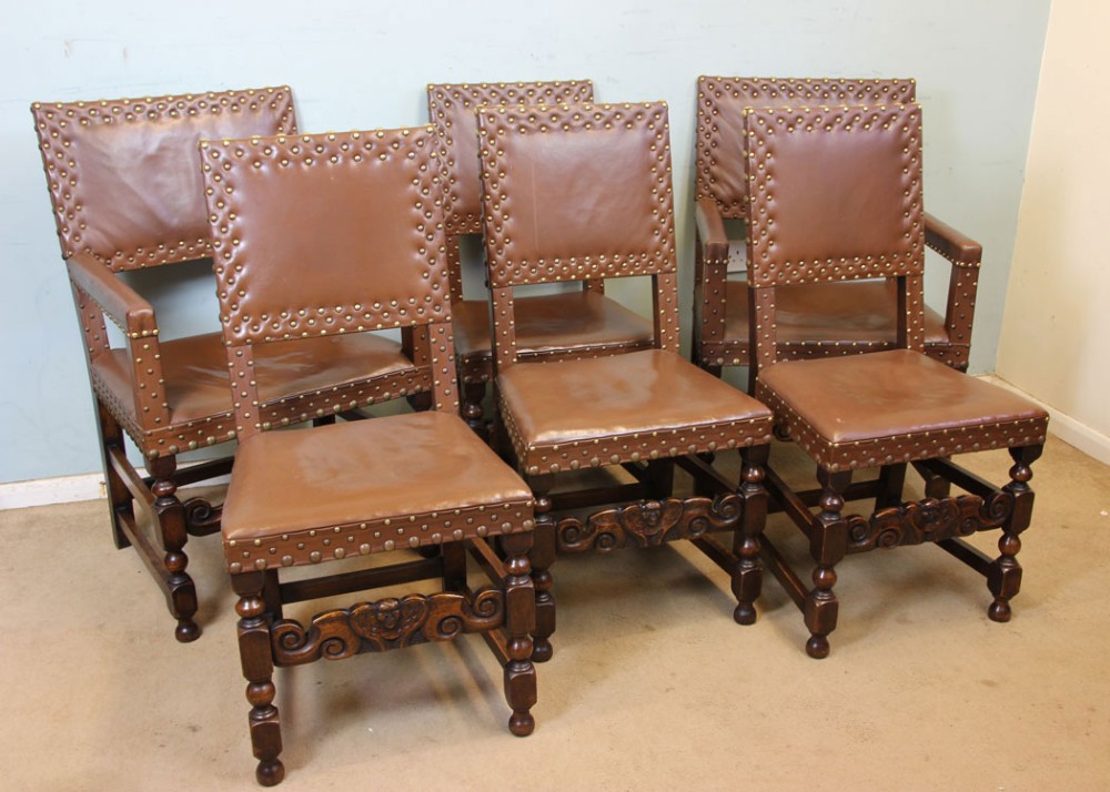 Antique Set of Six Oak Padded Back Dining Chairs. 