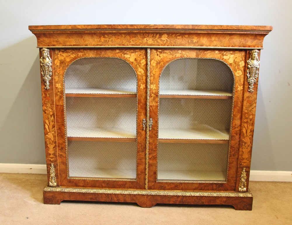 Antique Victorian Outstanding Quality Burr Walnut Marquetry Inlaid Ormolu Mounted Bookcase Display Cabinet. 