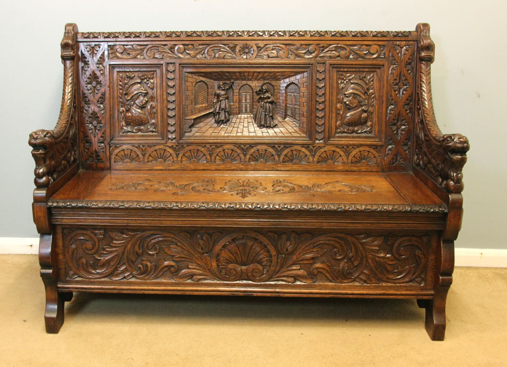 Antique Victorian Carved Oak Monks Bench Settle