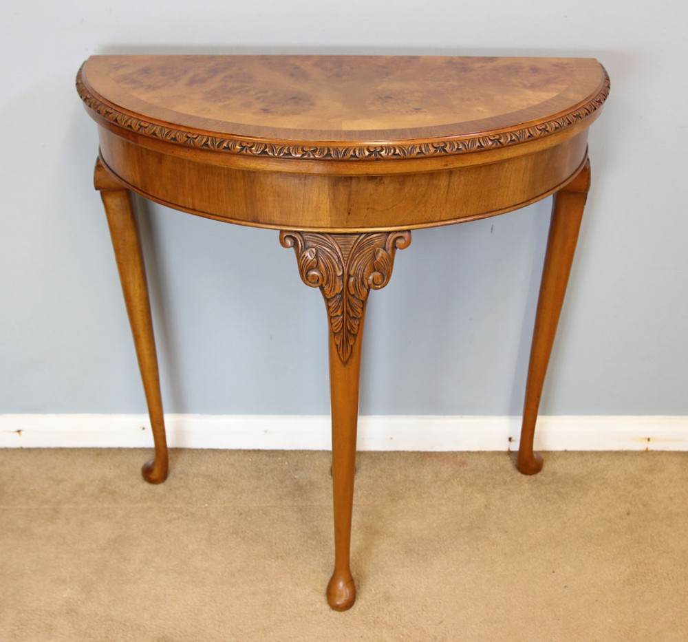 Antique Burr Walnut Demi Lune Games Card Lamp Side Table