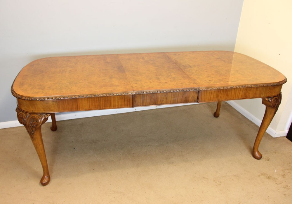 Antique Burr Walnut Queen Anne Style Extending Dining Table